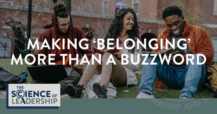 The Science of Leadership: 3 Ways to Make ‘Belonging’ More than a Buzzword in Higher Ed | Image of a diverse group of students outside on a college campus talking to one another